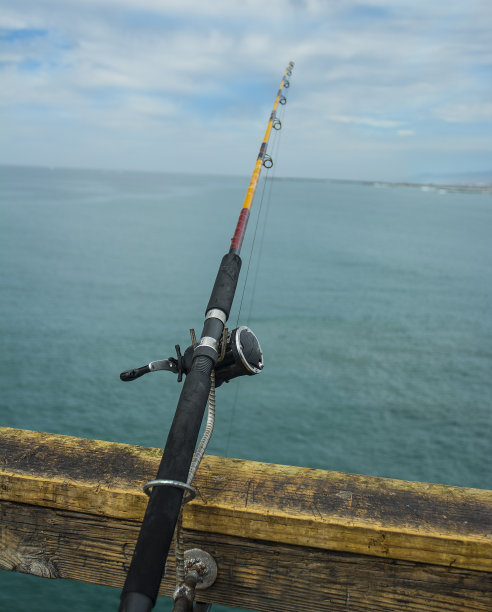 木制码头栏杆上的钓鱼杆海洋运动图片下载