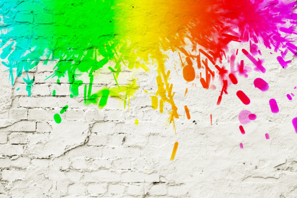 白漆砖墙与多色飞溅图片下载