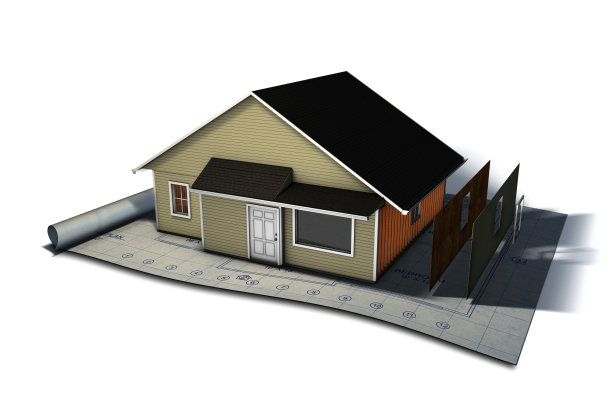白色背景上的3D房子和蓝图图片下载