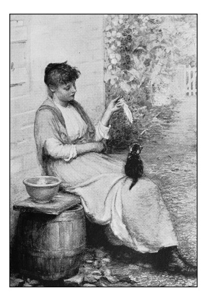 古董点印照片：女人与猫画作图片下载