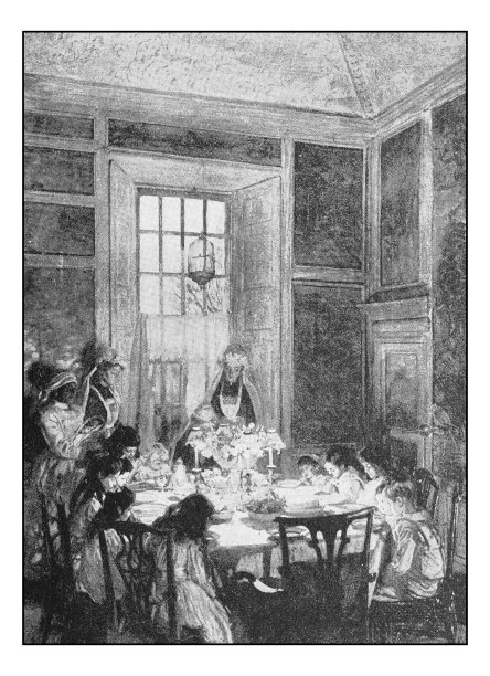 点印绘画老照片：餐前祷告的儿童图片下载