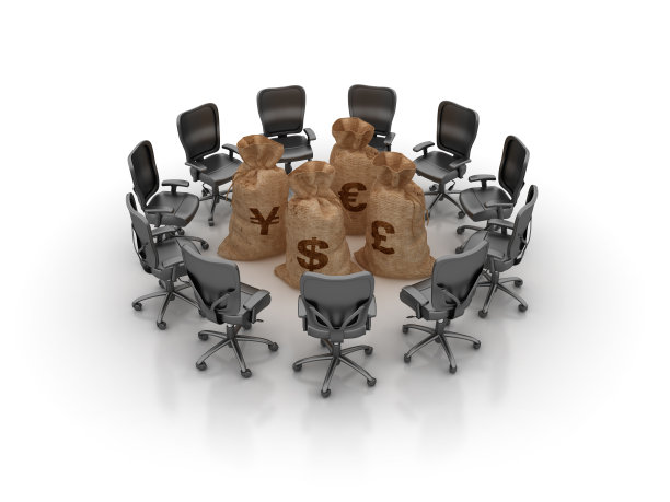 办公室椅子会议与金钱袋- 3D渲染图片下载