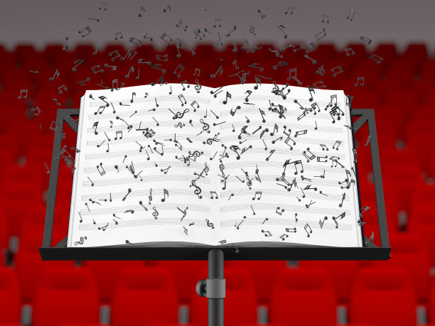 音乐厅内部的乐谱架，配有旋律表和椅子图片下载