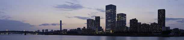 城市灯光照亮了高楼大厦日落滨水全景日本东京图片下载