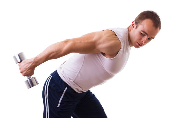 肌肉发达的人在做重量训练，孤立的白色图片下载