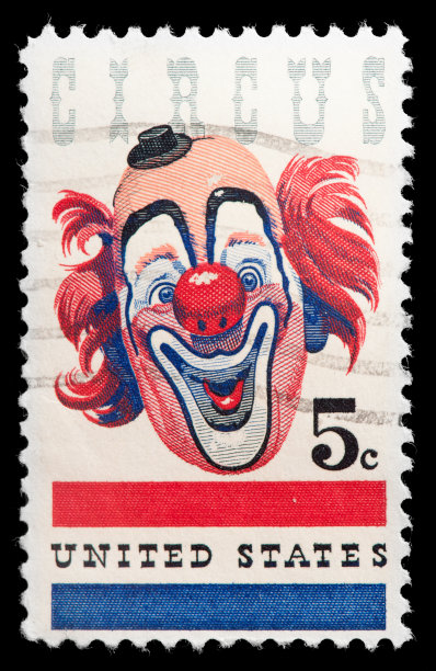 纪念马戏团小丑的老式美国邮票图片下载