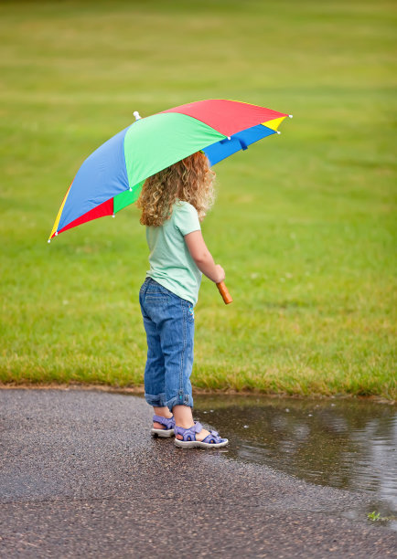 小女孩拿着雨伞站在水坑边图片下载
