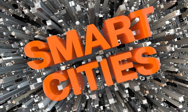 3D智慧城市摩天大楼之间的橙色字母图片下载