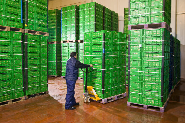 一名男子正在搬运绿色水果储存箱图片下载