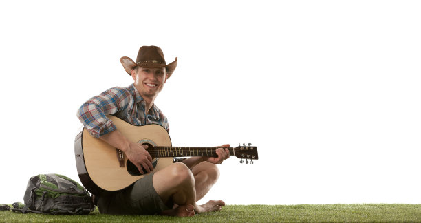 一个年轻人在白色背景下弹吉他图片下载