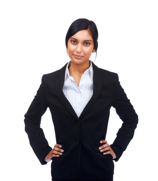 自信的年轻女商人穿着黑色西装对抗白色图片下载