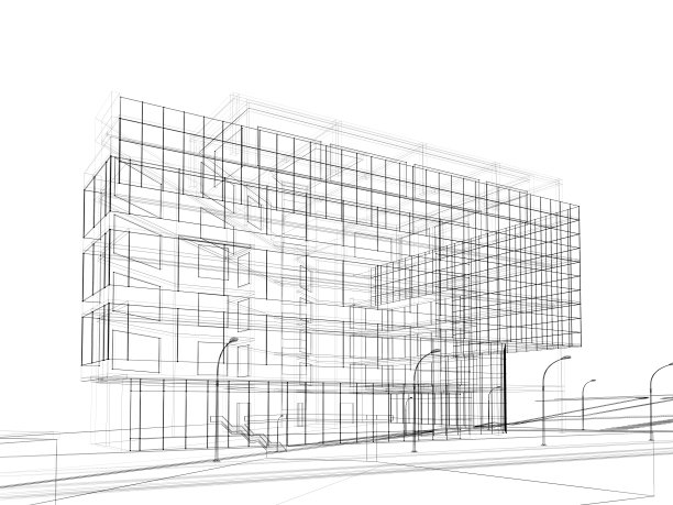 当代建筑的三维渲染线框布局。图片下载