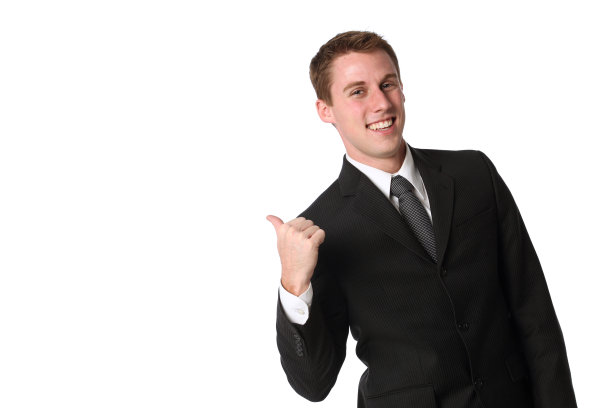 快乐的商人用拇指指着他的肩膀图片下载