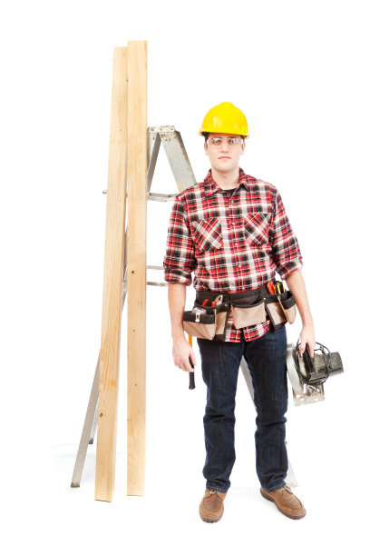 在白色上用木材和工具的建筑承包商木匠图片下载