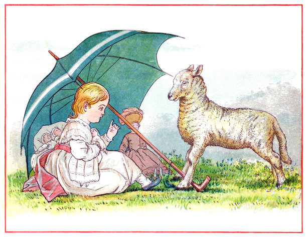 19世纪的小女孩，带着她的洋娃娃和一只羔羊图片下载