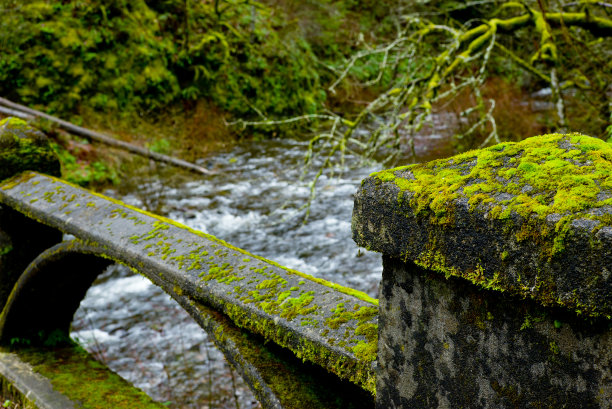 铺满青苔的石栏横在流淌的河流上图片下载