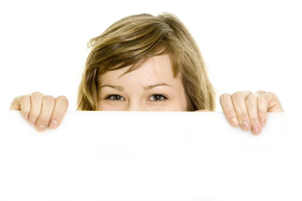 女性持有标志或板隔离在白色图片下载