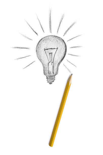 创造创意——用黄色铅笔画的木炭灯泡图片下载