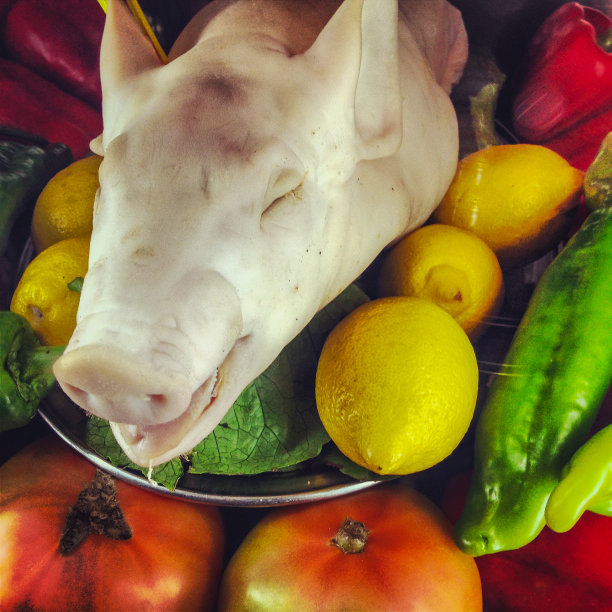 猪头和蔬菜一起躺在盘子里图片下载