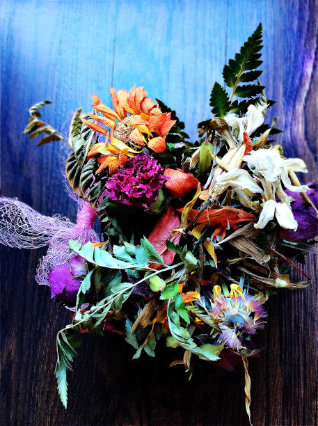 木纹上的干花静物图片下载