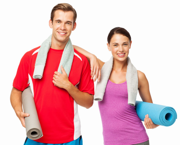 一对夫妇在白色背景上拿着运动垫图片下载