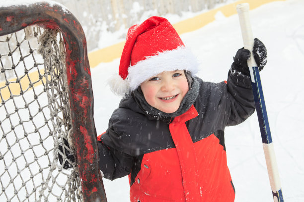 快乐的孩子在冬季打曲棍球的肖像图片下载