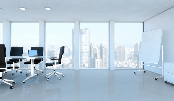 现代商业办公室内部与窗户上的摩天大楼图片下载