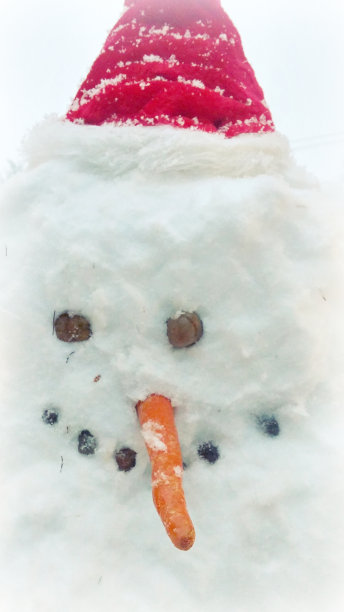 带着胡萝卜鼻子和圣诞老人帽子的雪人脸图片下载