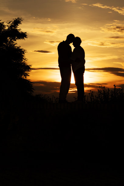 夕阳西下时，一对相爱的情侣的剪影。图片下载
