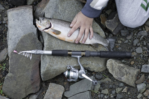 男孩与鱼竿和鱼。图片下载