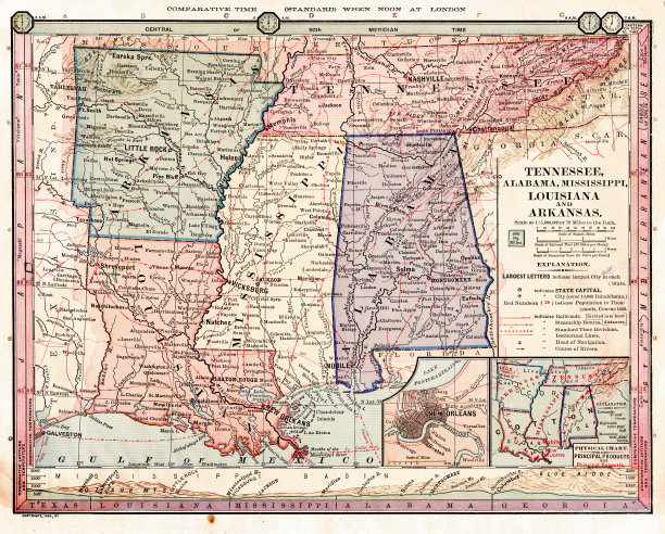 1886年田纳西州、路易斯安那州、阿拉巴马州地图图片下载