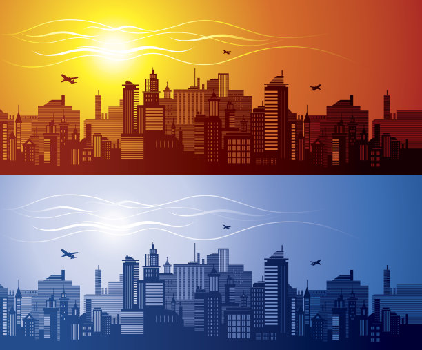 红色和蓝色的城市景色图片下载