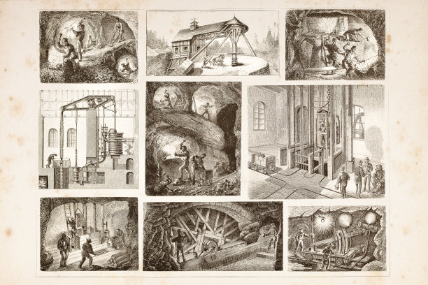 雕刻工人在矿井中挖掘黄金和碳图片下载