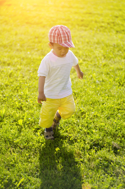 小男孩在公园的草地上玩耍图片下载