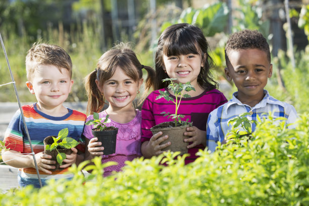 孩子们在花园里抱着秧苗图片下载
