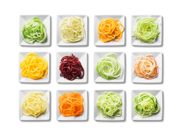 12盘新鲜鲜亮的螺旋形水果和蔬菜图片下载