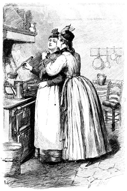 两个女人在厨房的古董插图图片下载