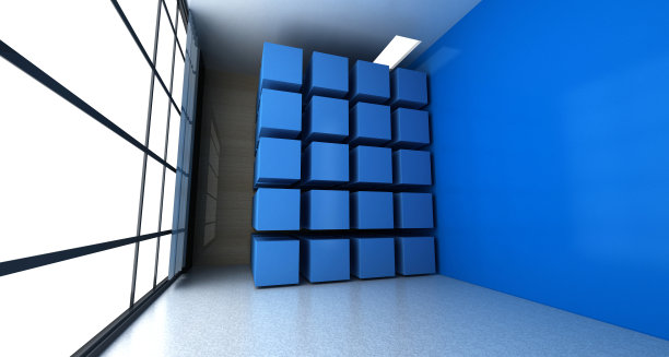 空荡荡的房间里有一些空白的抽象的蓝色立方体图片下载