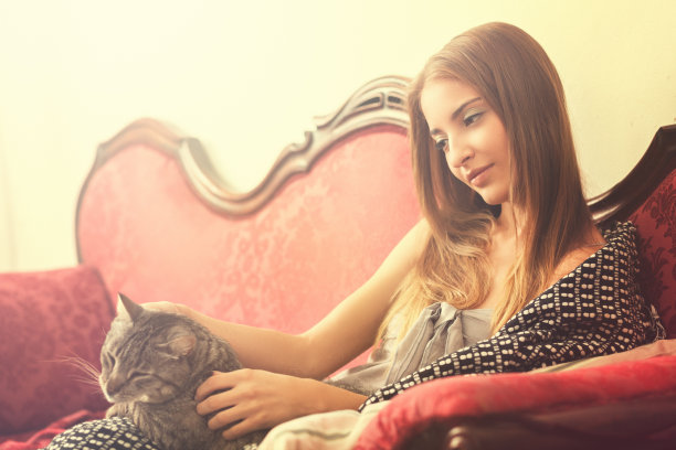 年轻女子和她的猫图片下载