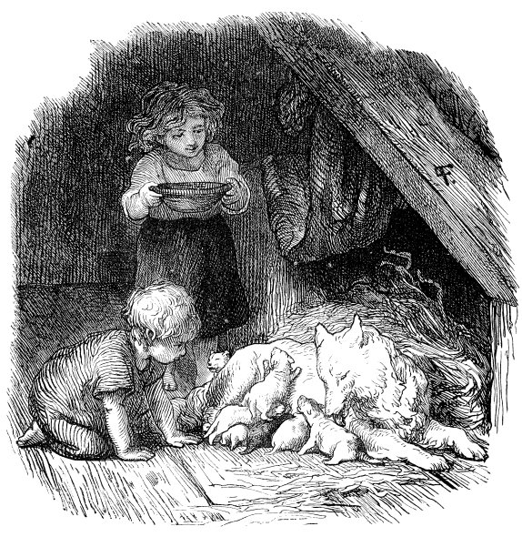 儿童与狗古董插画图片下载
