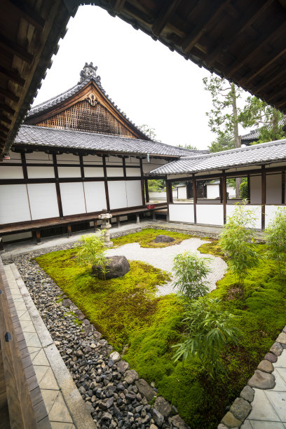 位于日本京都的千寺墙之间的小禅宗花园图片下载