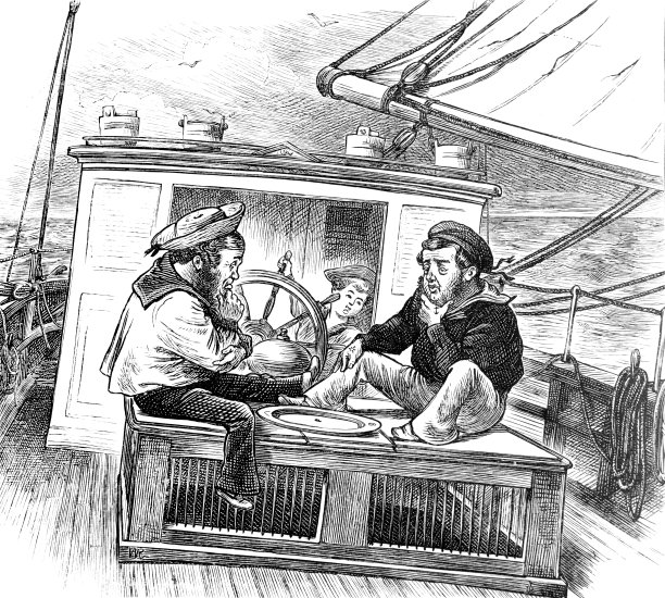 两名水手在一艘老船上，有船舱同伴在旁观看图片下载