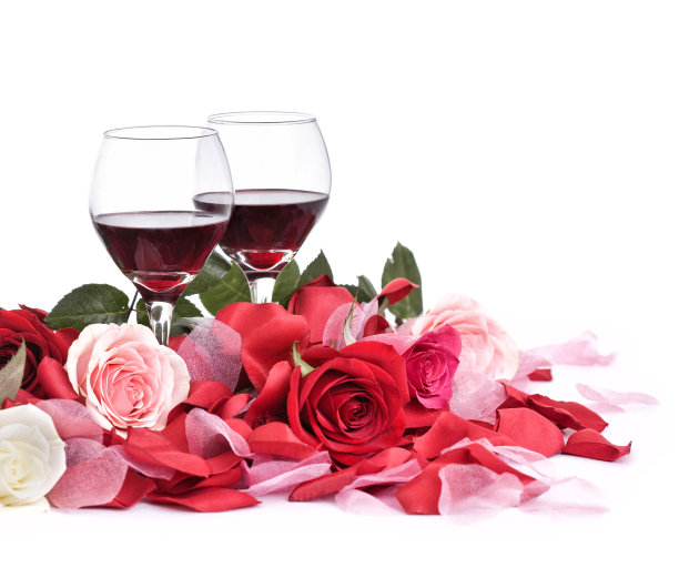 情人节红酒和玫瑰孤立在白色图片下载