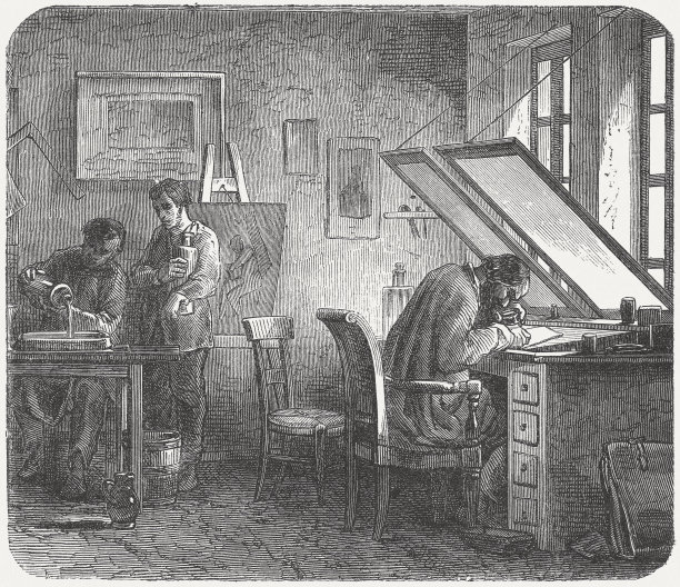 雕刻家在艺术家的工作室，木刻，出版于1876年图片下载