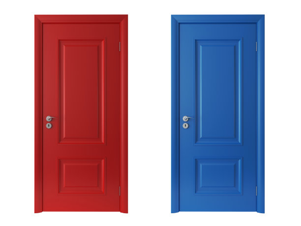 3d红色和蓝色的门在白色的背景图片下载