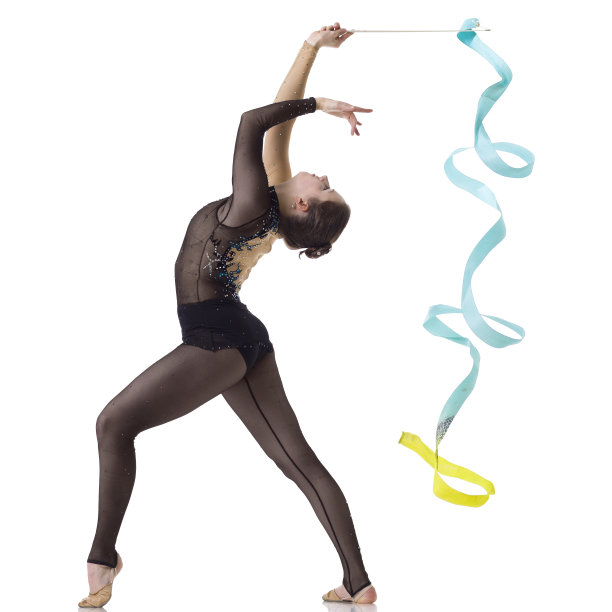 体操女孩与艺术丝带孤立在白色图片下载