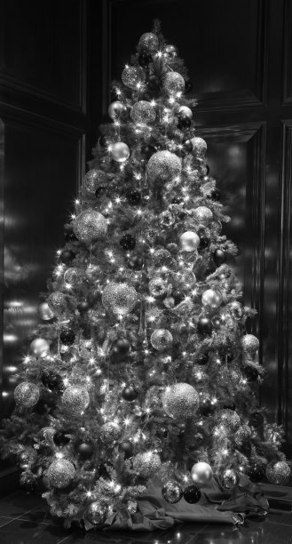优雅，美丽的圣诞树点燃和华丽的装饰图片下载