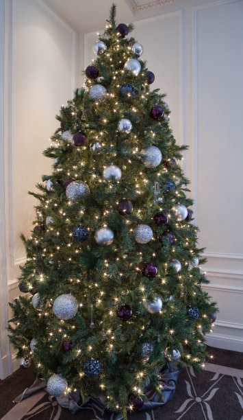 有闪闪发光的装饰品和彩灯的圣诞树图片下载