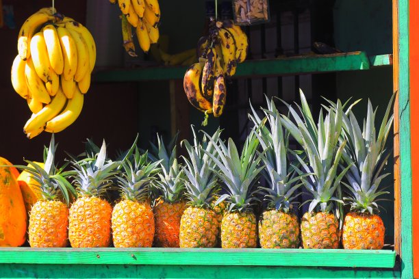 菠萝和香蕉热带水果乡村市场，拉丁美洲的异国情调素材图片