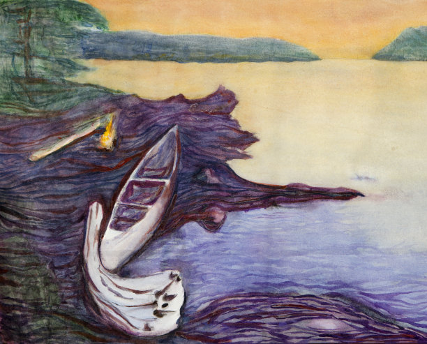 独木舟靠近水的水彩画图片下载